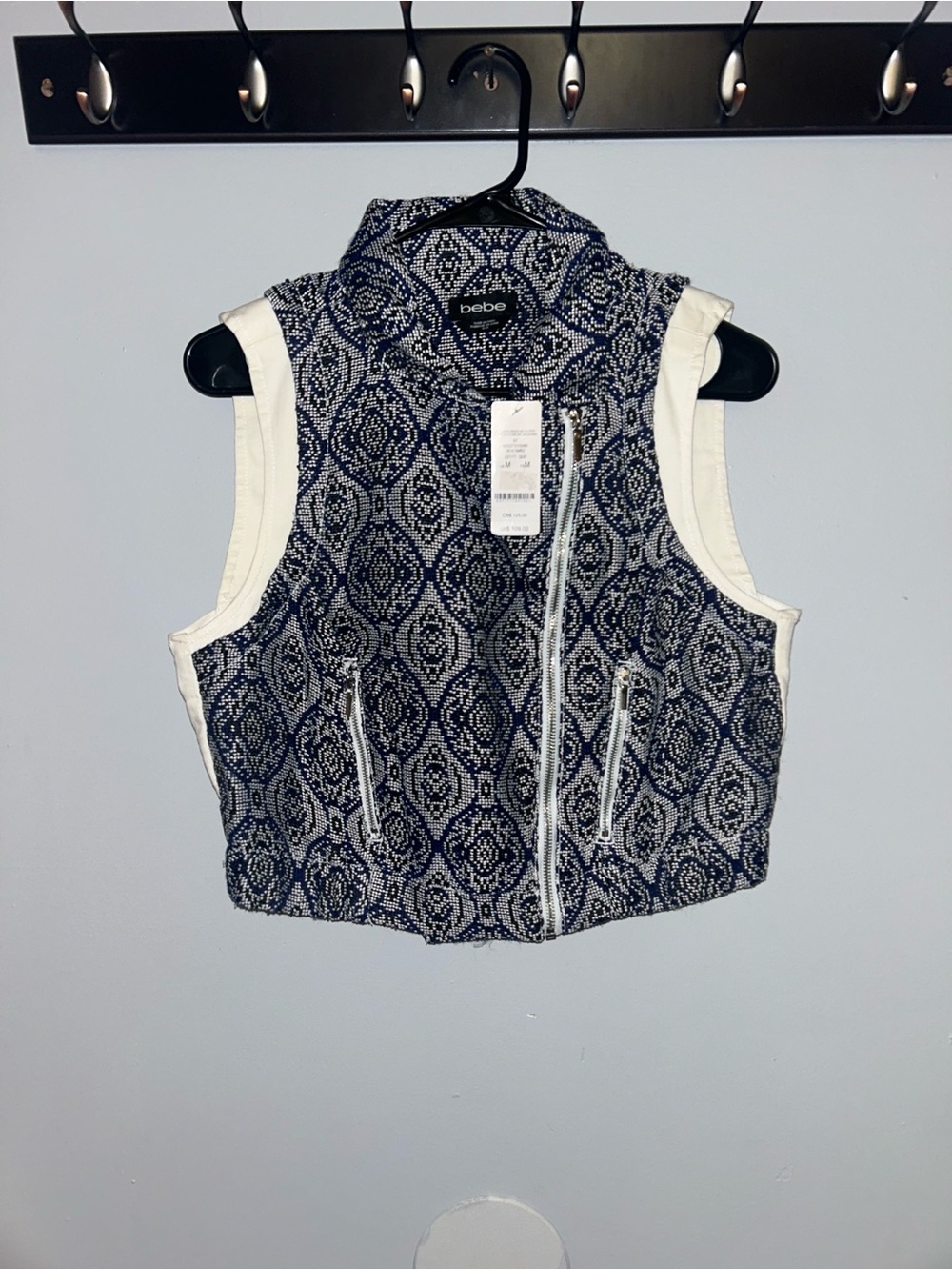 bebe Navy and White Patterned Cropped Vest